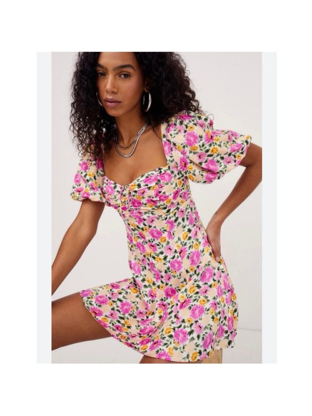 For Love and Lemons Sasha Pink Floral Puff Sleeve Mini Dress size M - Picture 7 of 16